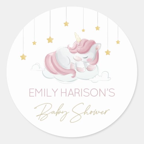Pink Unicorn Gold Stars Baby Shower Classic Round Sticker