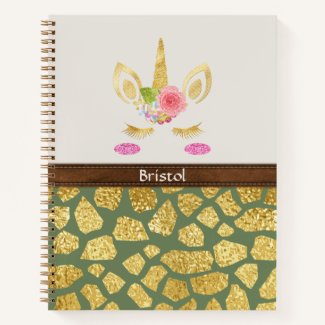 Pink Unicorn Green & Gold Animal Print Your Name Notebook