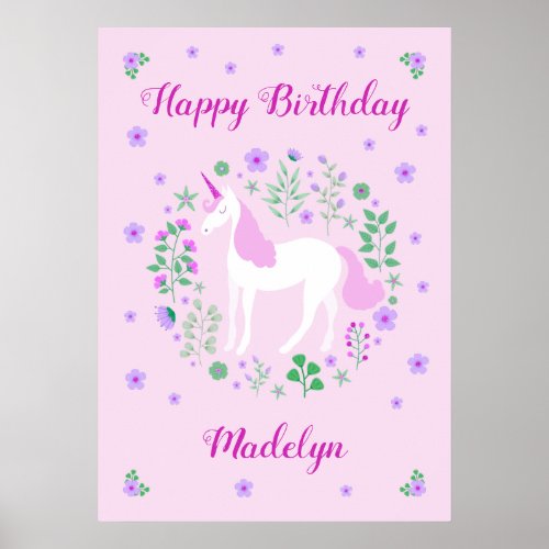 Pink Unicorn Happy Birthday Poster