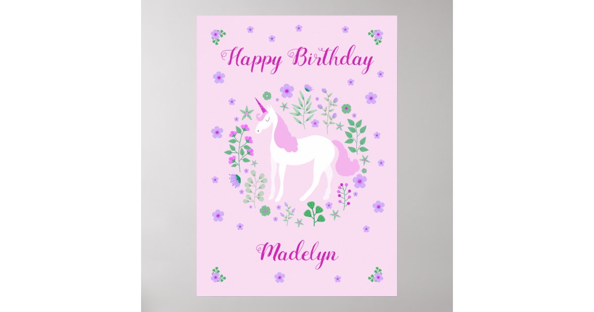 Pink Unicorn Happy Birthday Poster | Zazzle