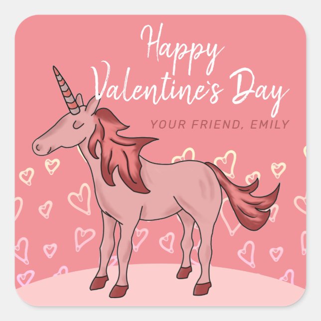 Pink Unicorn Heart Kids Valentine`s day Square Sticker (Front)