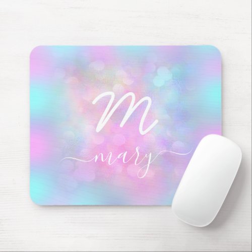 Pink Unicorn Holograph Name Modern Monogram White Mouse Pad