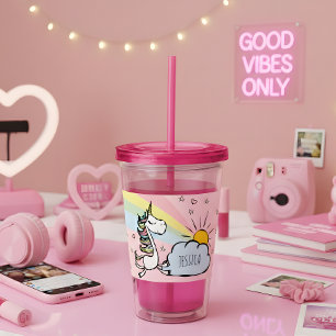 Pink Unicorn Illustration Acrylic Tumbler
