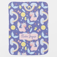 Pink Unicorn in Blue Sky Pattern Baby Blanket