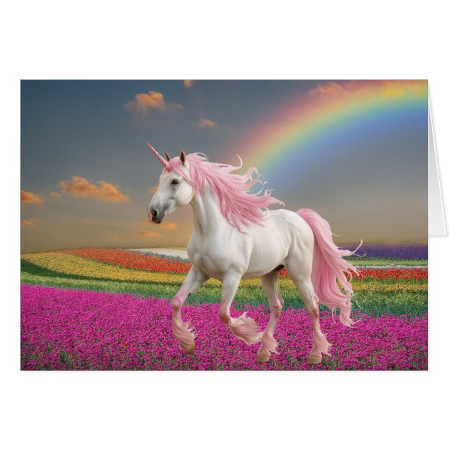 Pink Unicorn In Rainbow Field Cards (Front Horizontal)