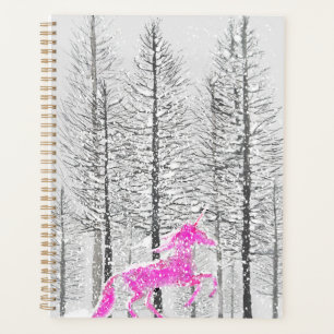 pink unicorn in snowing forest watercolor planner