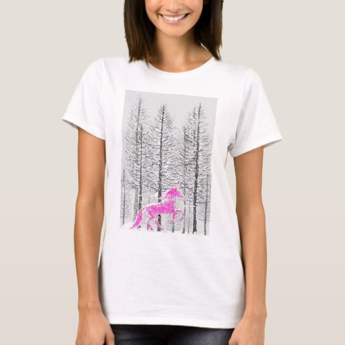 pink unicorn in snowing forest watercolor  T_Shirt