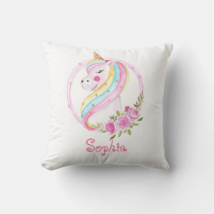 Pink Unicorn Kids Name Cute Nursery Throw Pillow