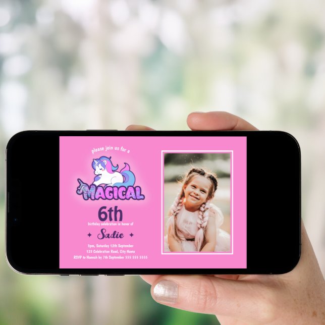 Pink Unicorn Magical Any Age 6th Birthday Photo Invitation (Front Digital)