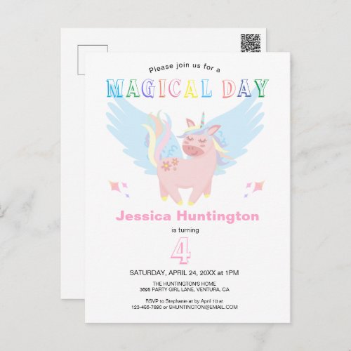 Pink Unicorn Magical Day Birthday Party Invitation Postcard