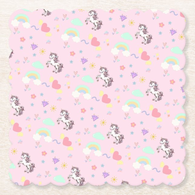 Pink unicorn magical princess  girly birthday kids paper coaster (Front)