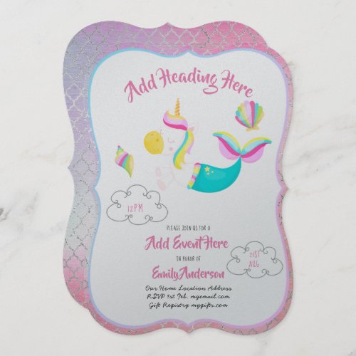 Pink UNICORN MERMAID Invitations Metallic Card