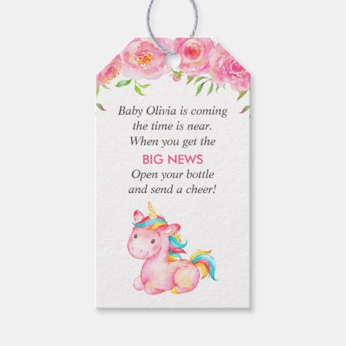 Pink Unicorn Mini Champagne Baby Girl Shower Favor Gift Tags