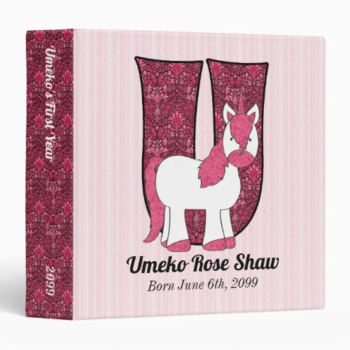 Pink Unicorn Monogram Letter U Baby Scrapbook Binder