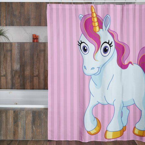 Pink Unicorn on Stripes Shower Curtain