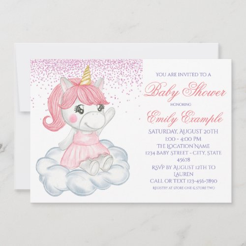 Pink Unicorn On The Cloud Girl Shower Invitations
