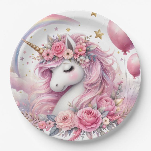 Pink Unicorn  Paper Plates (Front)