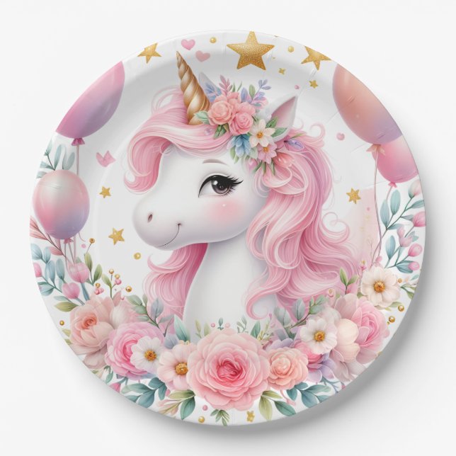 Pink Unicorn  Paper Plates (Front)