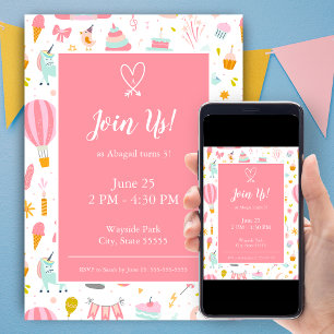 Pink Unicorn Party Pattern Girl Kid Birthday Invitation