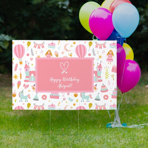 Pink Unicorn Party Pattern Girl Kid Happy Birthday Sign