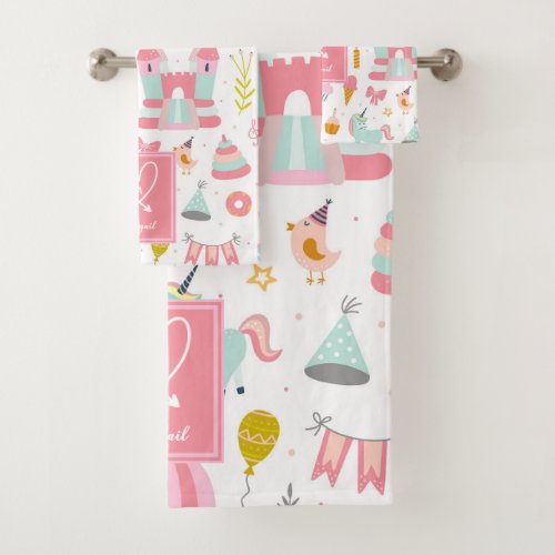 Pink Unicorn Party Pattern Girl Kids Bathroom Bath Towel Set