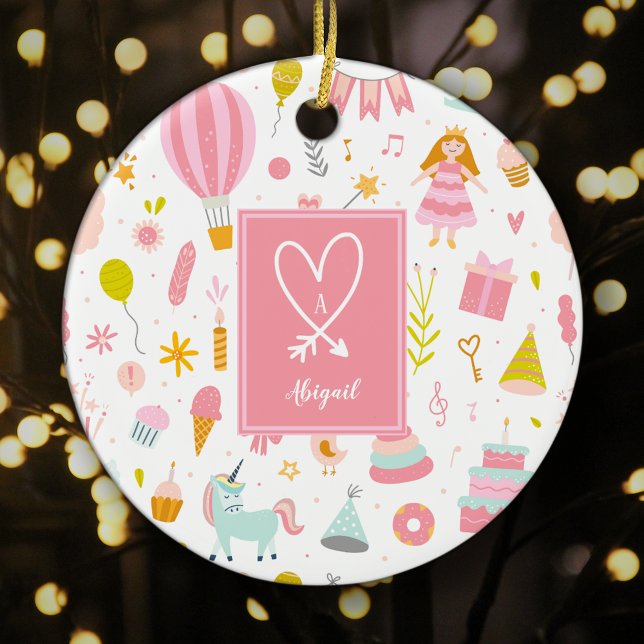 Pink Unicorn Party Pattern Monogram Girl Christmas Ceramic Ornament (Creator Uploaded)
