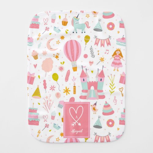 Pink Unicorn Party Pattern Monogrammed Girl Baby Burp Cloth