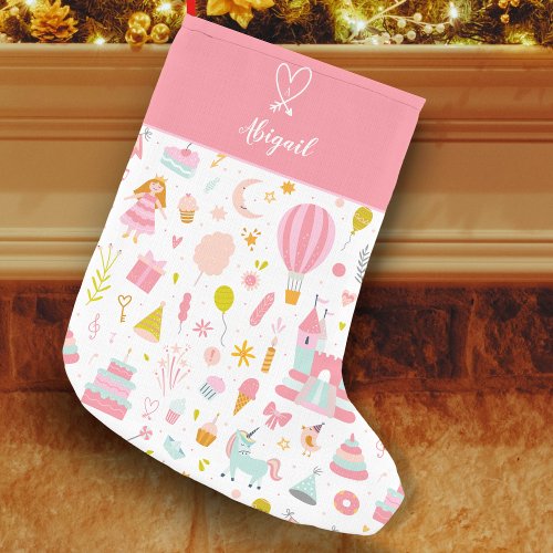 Pink Unicorn Party Pattern Monogrammed Girl Kid Small Christmas Stocking