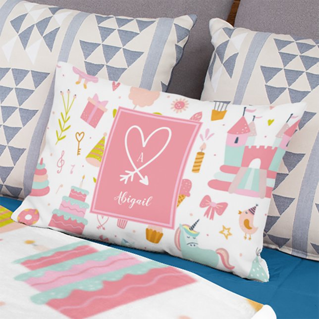 Pink Unicorn Party Pattern Monogrammed Girl Kids Accent Pillow (Creator Uploaded)