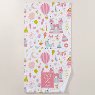Pink Unicorn Party Pattern Monogrammed Girl Kids Beach Towel