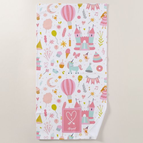 Pink Unicorn Party Pattern Monogrammed Girl Kids Beach Towel