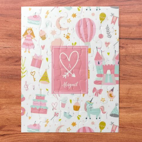 Pink Unicorn Party Pattern Monogrammed Girl Kids Jigsaw Puzzle