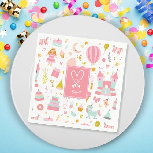 Pink Unicorn Party Pattern Monogrammed Girl Kids Napkins