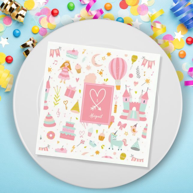 Pink Unicorn Party Pattern Monogrammed Girl Kids Napkins (Creator Uploaded)
