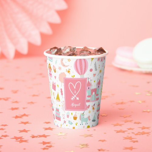 Pink Unicorn Party Pattern Monogrammed Girl Kids Paper Cups