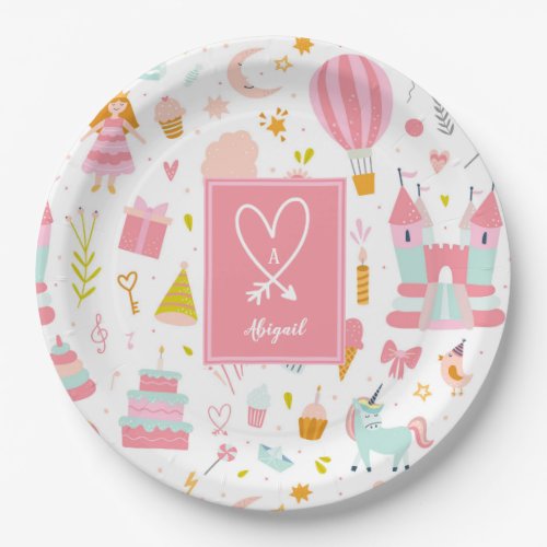 Pink Unicorn Party Pattern Monogrammed Girl Kids Paper Plates