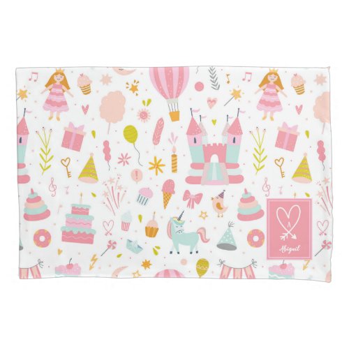 Pink Unicorn Party Pattern Monogrammed Girl Kids Pillow Case