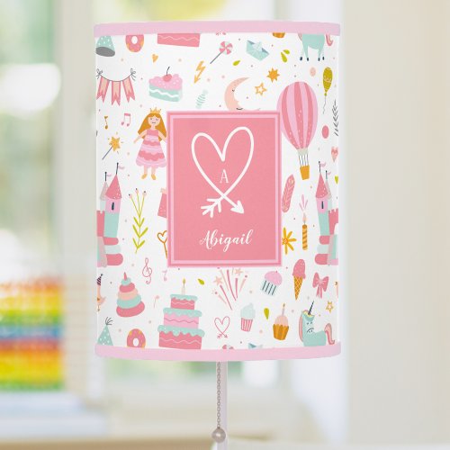 Pink Unicorn Party Pattern Monogrammed Girl Kids Table Lamp