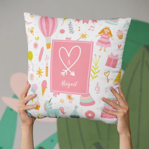 Pink Unicorn Party Pattern Monogrammed Girl Kids Throw Pillow