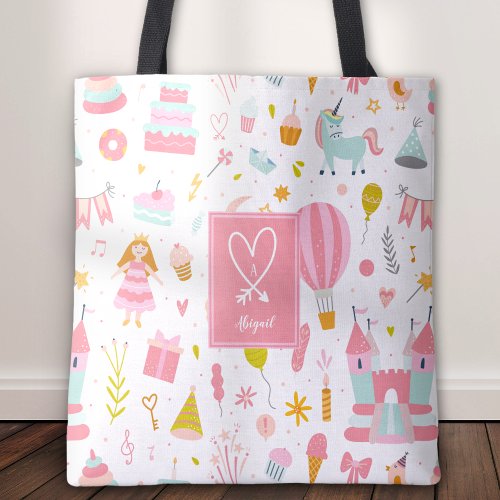 Pink Unicorn Party Pattern Monogrammed Girl Kids Tote Bag