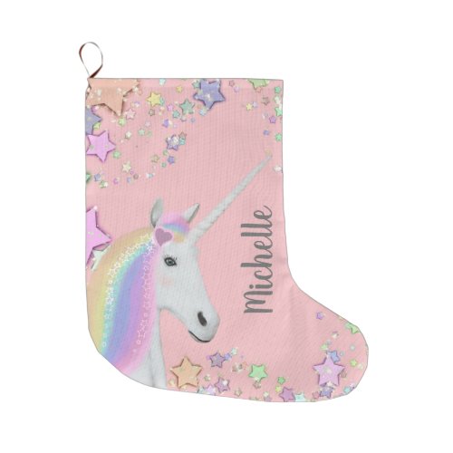 Pink Unicorn Pastel Stars Girls Personalized Large Christmas Stocking