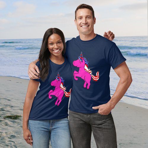 Pink Unicorn Patriotic USA Flag Mane Art Unisex T_Shirt