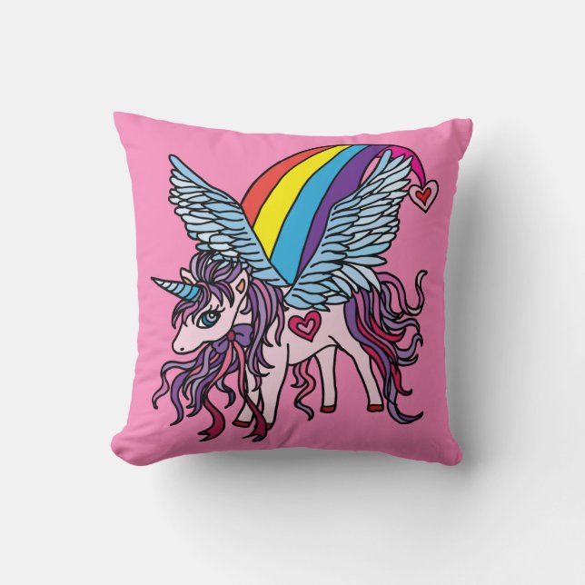 Pink Unicorn Pegasus Throw Pillow (Front)