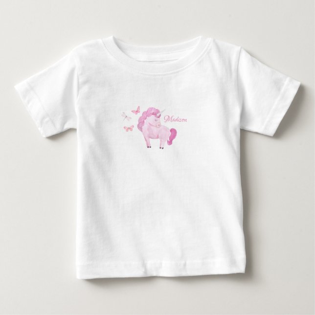Pink Unicorn Personalized Butterflies Name Girly Baby T-Shirt (Front)