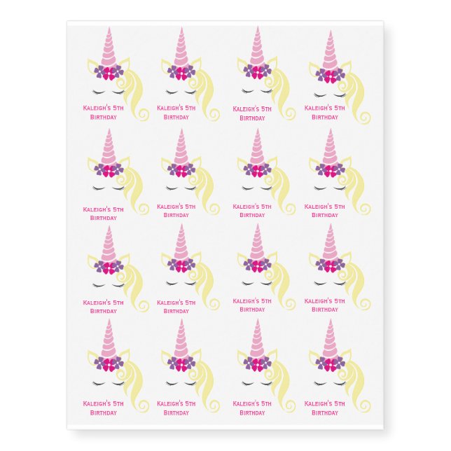 Pink Unicorn Personalized Temporary Tattoos (Front)