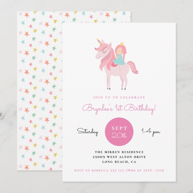 Pink Unicorn Princess Birthday Party Invitation (Front/Back)