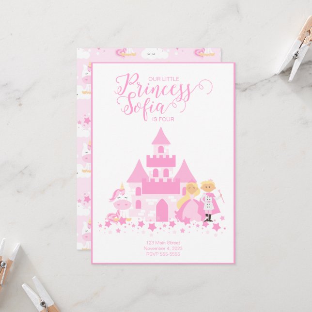 Pink Unicorn & Princess Party Invitation (Front/Back In Situ)