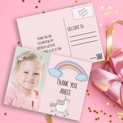 Pink Unicorn  Rainbow Birthday Photo Thank You Postcard