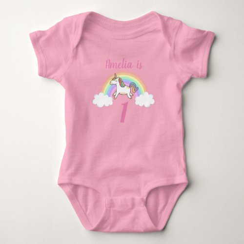 Pink Unicorn Rainbow Custom Name 1st Birthday Baby Baby Bodysuit
