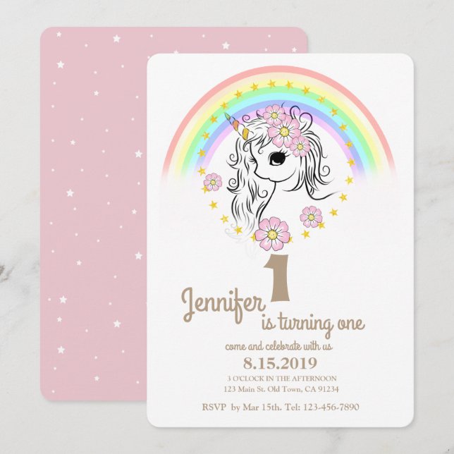 Pink Unicorn RainBow Girl 1st Birthday Cards (Front/Back)